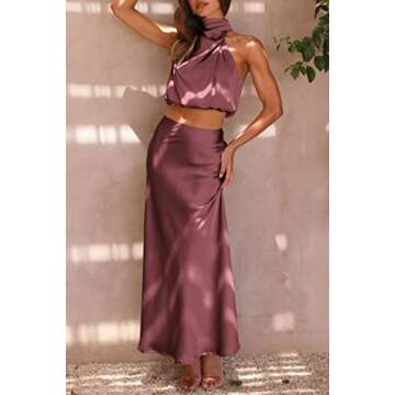 PRETTYGARDEN Women's 2 Piece Satin Outfits Summer Sleeveless Mock Neck Crop Tops and Long Skirt Dress Sets (Brick Red,Small)