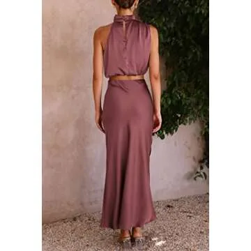 PRETTYGARDEN Women's 2 Piece Satin Outfits Summer Sleeveless Mock Neck Crop Tops and Long Skirt Dress Sets (Brick Red,Small)