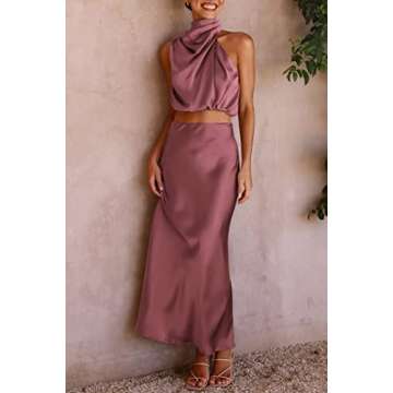 PRETTYGARDEN Women's 2 Piece Satin Outfits Summer Sleeveless Mock Neck Crop Tops and Long Skirt Dress Sets (Brick Red,Small)