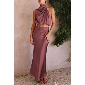 PRETTYGARDEN Women's 2 Piece Satin Outfits Summer Sleeveless Mock Neck Crop Tops and Long Skirt Dress Sets (Brick Red,Small)