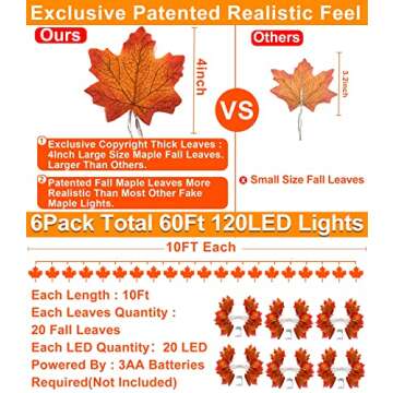 TURNMEON 6 Pack Thanksgiving Decorations Enlarged Maples Leafed Fall Decorations for Home Fall Lights Thick Leafs Garlands, Total 60Ft 120LED Battery Operated Waterproof Halloween Decor Indoor Outdoor
