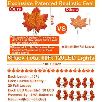 TURNMEON 6 Pack Thanksgiving Decorations Enlarged Maples Leafed Fall Decorations for Home Fall Lights Thick Leafs Garlands, Total 60Ft 120LED Battery Operated Waterproof Halloween Decor Indoor Outdoor