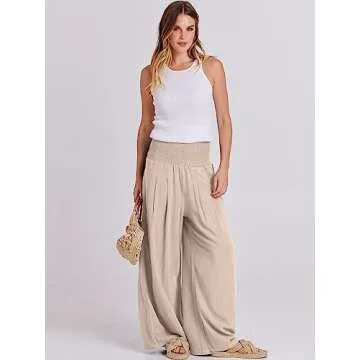 ANRABESS Women Linen Palazzo Pants Summer Boho Wide Leg High Waist Casual Lounge Pant 2025 Beach Travel Vacation Outfits Almond Large