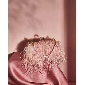 Tessco Women Ostrich Feather Tote Bag Fluffy Purse Clutch Feather Evening Handbag for Wedding(Pink)