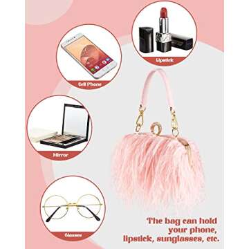 Tessco Women Ostrich Feather Tote Bag Fluffy Purse Clutch Feather Evening Handbag for Wedding(Pink)