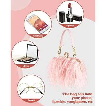 Tessco Women Ostrich Feather Tote Bag Fluffy Purse Clutch Feather Evening Handbag for Wedding(Pink)