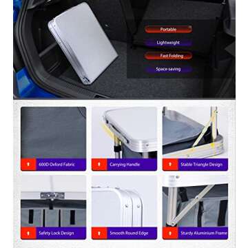 Nice C Camping Table, Folding Table Height Adjustable, Camp Table, Storage Kitchen Table, Lightweight Aluminum, with Carry Handle for Outdoor, Beach, BBQ, Picnic, Cooking, Festival, Indoor, Office