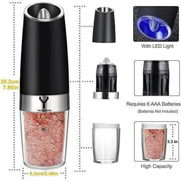 YAYAYOUNG Gravity Electric Grinder set of 2,Automatic Pepper and Salt Mill Grinder with Blue LED LIGHT,Electric Pepper Mill with Adjustable Coarseness,Refillable,salt and pepper shaker,pepper grinder