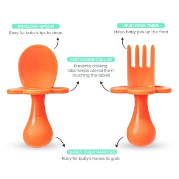 Grabease Toddler Spoons and Forks - Baby Fork and Spoons - BPA-Free & Phthalate-Free for Baby & Toddler - 1 Set, Orange - Baby Self Feeding Spoon - Baby Cutlery Set