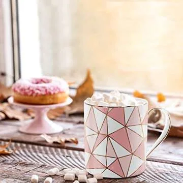 WAVEYU Ceramic Coffee Mug for Women, Coffee Tea Cup with Handle for Girls, Rose Gold Design with Gold Grim Decoration for Office and Home for Her Wife, Mom, Daughter, Sister, 14 oz (Pink)