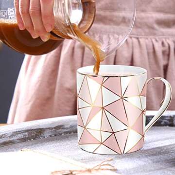 WAVEYU Ceramic Coffee Mug for Women, Coffee Tea Cup with Handle for Girls, Rose Gold Design with Gold Grim Decoration for Office and Home for Her Wife, Mom, Daughter, Sister, 14 oz (Pink)