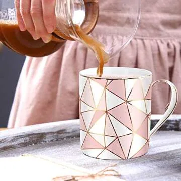WAVEYU Ceramic Coffee Mug for Women, Coffee Tea Cup with Handle for Girls, Rose Gold Design with Gold Grim Decoration for Office and Home for Her Wife, Mom, Daughter, Sister, 14 oz (Pink)