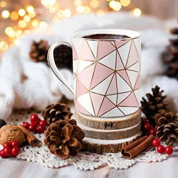WAVEYU Ceramic Coffee Mug for Women, Coffee Tea Cup with Handle for Girls, Rose Gold Design with Gold Grim Decoration for Office and Home for Her Wife, Mom, Daughter, Sister, 14 oz (Pink)