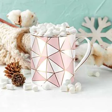 WAVEYU Ceramic Coffee Mug for Women, Coffee Tea Cup with Handle for Girls, Rose Gold Design with Gold Grim Decoration for Office and Home for Her Wife, Mom, Daughter, Sister, 14 oz (Pink)