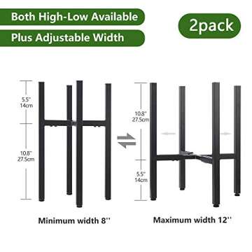 YueTong 2 Pack Metal Plant Stand Indoor with Adjustable Width Fits 8 to 12 Inch Pots,Mid-Century Flower Holder for Corner Display-Black(Planter and Pot Not Included).