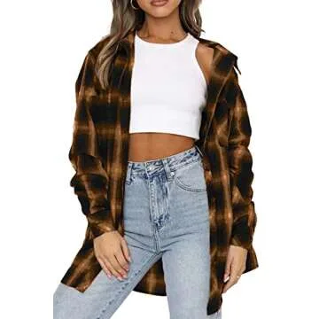 CHYRII Womens Button Down Flannel Shirts Long Sleeve Plaid Shacket Business Casual Tops Brown M
