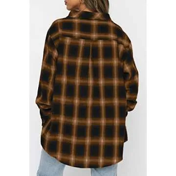 CHYRII Womens Button Down Flannel Shirts Long Sleeve Plaid Shacket Business Casual Tops Brown M