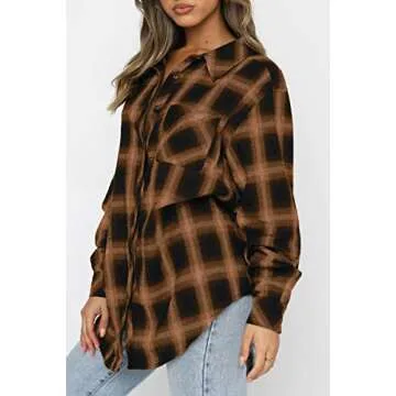CHYRII Womens Button Down Flannel Shirts Long Sleeve Plaid Shacket Business Casual Tops Brown M