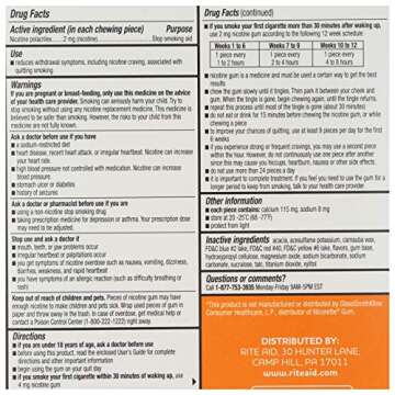 Rite Aid Nicotine Gum, 2mg Fruit Flavor - 100 Sugar-Free Pieces for Quitting Smoking