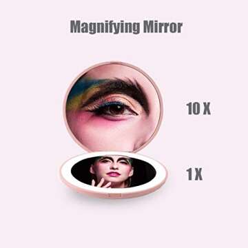 WOBANE LED Travel Makeup Mirror, 3.5 inch Lighted Compact Mirror, 10X Magnification, Handheld, Double Sided, Portable Folding Mirror for Pocket, Purse, Gift, Pink, Round