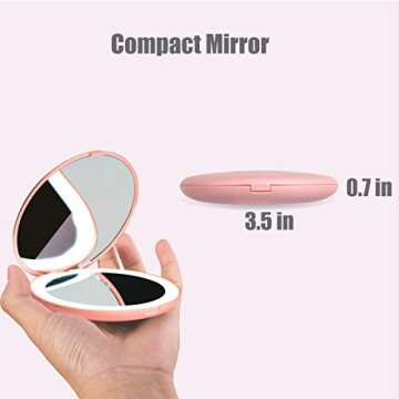 WOBANE LED Travel Makeup Mirror, 3.5 inch Lighted Compact Mirror, 10X Magnification, Handheld, Double Sided, Portable Folding Mirror for Pocket, Purse, Gift, Pink, Round