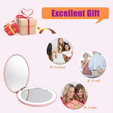 WOBANE LED Travel Makeup Mirror, 3.5 inch Lighted Compact Mirror, 10X Magnification, Handheld, Double Sided, Portable Folding Mirror for Pocket, Purse, Gift, Pink, Round