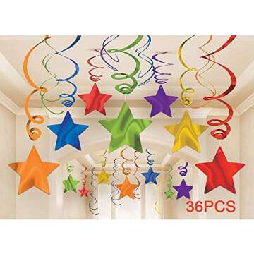 AimtoHome Rainbow Party Star Swirl Decorations, Rainbow Foil Ceiling Hanging Swirl Decorations with Star, Whirls Decorations for Party, Pack of 36