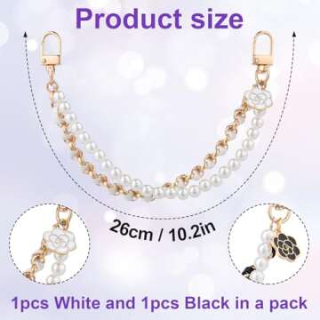 HINZIC 2Pcs Pearl Purse Chain Extender 10inch Black Gold Handbag Straps Cute Flower Metal Shoulder C...