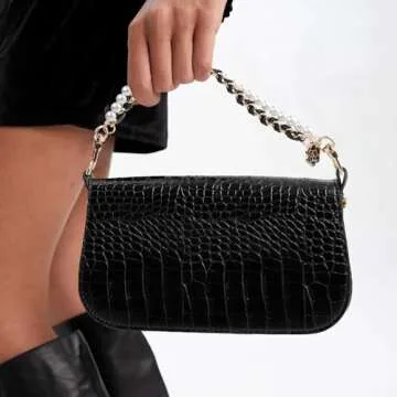 HINZIC 2Pcs Pearl Purse Chain Extender 10inch Black Gold Handbag Straps Cute Flower Metal Shoulder Crossbody Bags Short Handle Replacement Charms Accessories for Women