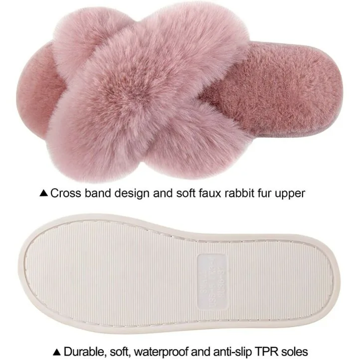 Fuzzy Women's Cross Band Slippers - Cozy & Warm