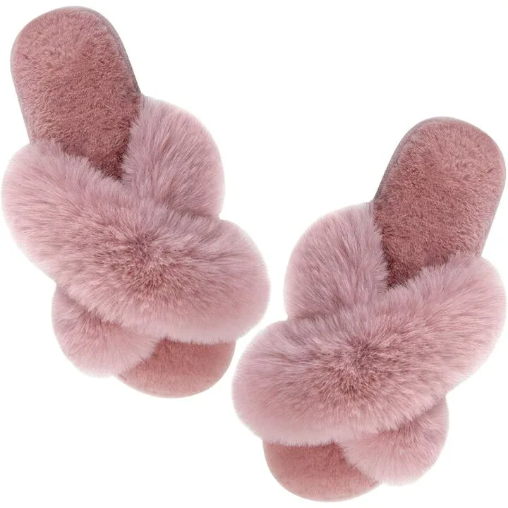Fuzzy Women's Cross Band Slippers - Cozy & Warm