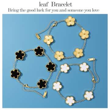 AICase 18K Gold Plated Clover Bracelet Dupes Gold/White/Black Bracelet Set for Women Flower Leaf Luc...