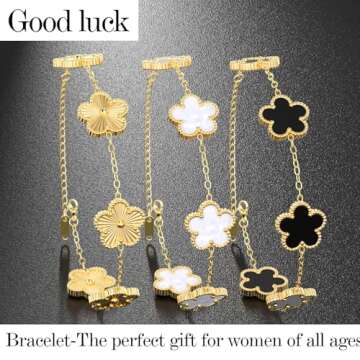 AICase 18K Gold Plated Clover Bracelet Dupes Gold/White/Black Bracelet Set for Women Flower Leaf Lucky Clover Bracelets Trendy Jewelry Birthday Gifts for Women/Mon/Friends