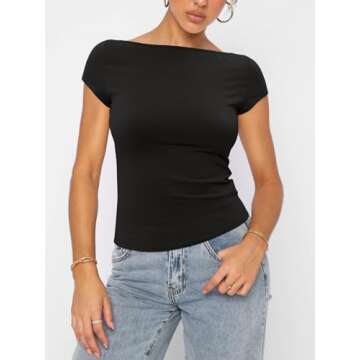REORIA Women's Casual Boatneck Cap Sleeve Crop Tops - Trendy Spring & Summer Fashion