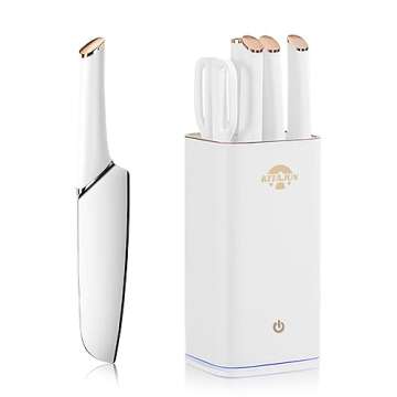 Kitajun Smart Kitchen Knife Set with holder German Stainless Steel 6 Knives Built-in sharpening rod....