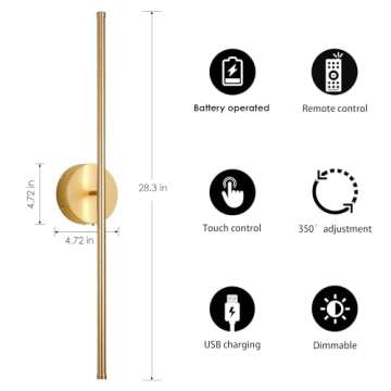 KARTOOSH Battery Operated Wall Sconces with Remote Control, Dimmable Wall Sconces Set of Two, 350°Rotate, 3000K LED Gold Wireless Wall Light for Living Room, Bedroom, Hallway, 28.3 Inch (2 Pack)