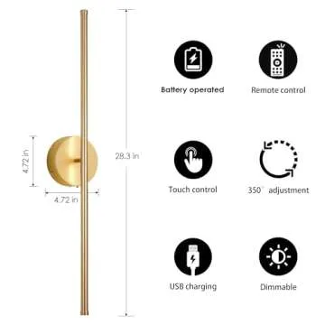 KARTOOSH Battery Operated Wall Sconces with Remote Control, Dimmable Wall Sconces Set of Two, 350°Rotate, 3000K LED Gold Wireless Wall Light for Living Room, Bedroom, Hallway, 28.3 Inch (2 Pack)