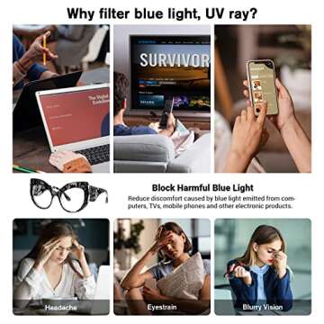 VOOGLAM Oversize Cat Eye Blue Light Blocking Glasses For Women Fashion Glasses Anti UV Eyestrain Eyewear Black