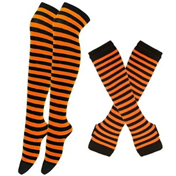 CENAST Women’s Trendy Long Fingerless Gloves & Striped Knee High Socks Set - Black Orange
