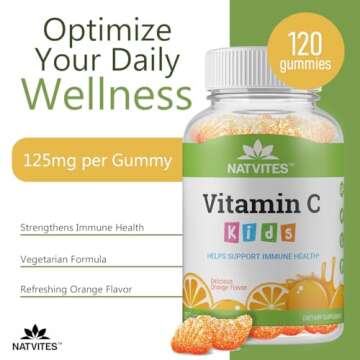 Natvites Kids Vitamin C Gummies – 120 Count of Tasty Immune Support Supplement for Kids, Toddlers, and Teens. Vitamin C Gummy Orange Flavored, Non-GMO, Gluten-Free, Vegan, Nut-Free, and Dairy-Free.