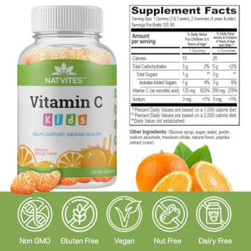 Natvites Kids Vitamin C Gummies – 120 Count of Tasty Immune Support Supplement for Kids, Toddlers, and Teens. Vitamin C Gummy Orange Flavored, Non-GMO, Gluten-Free, Vegan, Nut-Free, and Dairy-Free.