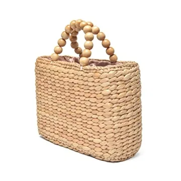 Ann & Bryan Designer Water hyacinth Handbags for Women Handmade Artisan Purse with Wooden Beaded Handles and Soft Lining, Cute Boho Beach and Travel Bag