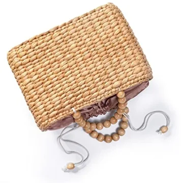 Ann & Bryan Designer Water hyacinth Handbags for Women Handmade Artisan Purse with Wooden Beaded Handles and Soft Lining, Cute Boho Beach and Travel Bag