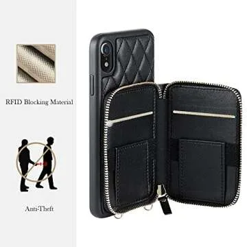 LAMEEKU Wallet Case Compatible with iPhone XR, Leather Wallet Case for iPhone XR Card Holder Case with Crossbody Lanyard Handbag Case for Women Absorbing Bumper Case for iPhone XR, 6.1''-Black