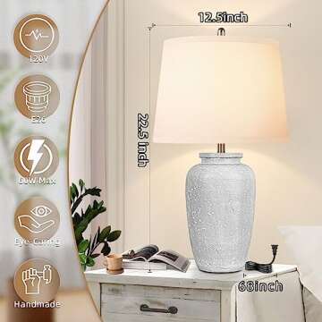 VerRon Bedside Table Lamps, Minimalist Resin Desk Lamp with White Fabric Shade for Nightstand, Modern End Table Lamps with Rotary Switch for Living Room, Farmhouse Side Lamps for bedroom Reading Hotel