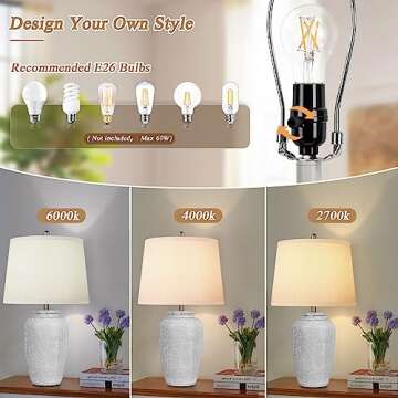 VerRon Bedside Table Lamps, Minimalist Resin Desk Lamp with White Fabric Shade for Nightstand, Modern End Table Lamps with Rotary Switch for Living Room, Farmhouse Side Lamps for bedroom Reading Hotel