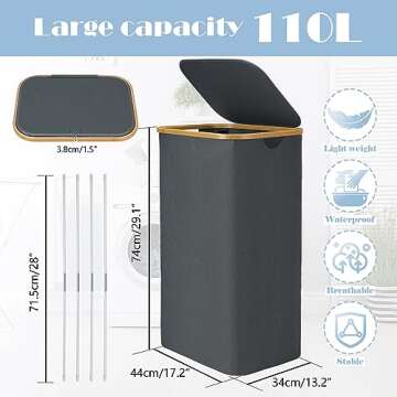 Bellzacasa Laundry Hamper with Lid, 110L Large Hampers for Laundry with Bamboo Handles and Removable...