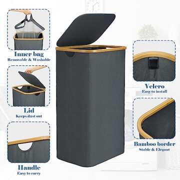 Bellzacasa Laundry Hamper with Lid, 110L Large Hampers for Laundry with Bamboo Handles and Removable Laundry Bag, Foldable Laundry Baskets with Lid for Bedroom Bathroom Tall Laundry Bin (Gray)