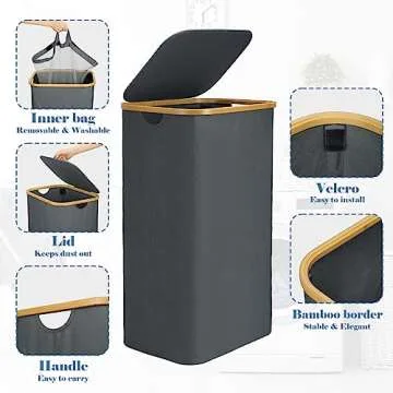 Bellzacasa Laundry Hamper with Lid, 110L Large Hampers for Laundry with Bamboo Handles and Removable Laundry Bag, Foldable Laundry Baskets with Lid for Bedroom Bathroom Tall Laundry Bin (Gray)