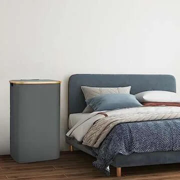 Bellzacasa Laundry Hamper with Lid, 110L Large Hampers for Laundry with Bamboo Handles and Removable Laundry Bag, Foldable Laundry Baskets with Lid for Bedroom Bathroom Tall Laundry Bin (Gray)